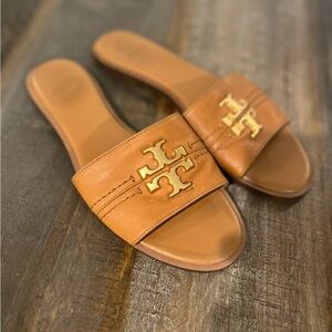 Tory Burch Tan Slides w/ Gold Emblem